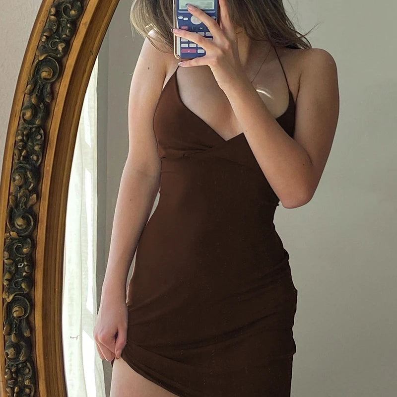 Vintage Brown Women Bodycon Dress Sexy V Neck Sleeveless  Solid Basic Backless