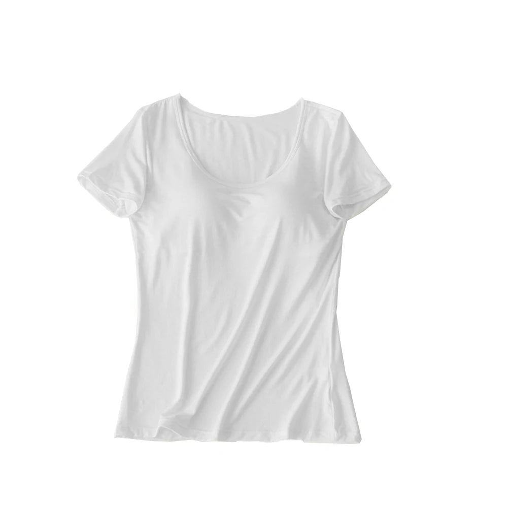 Casual Top Women With Built In Bra T-shirt Ladies Push Up Padded