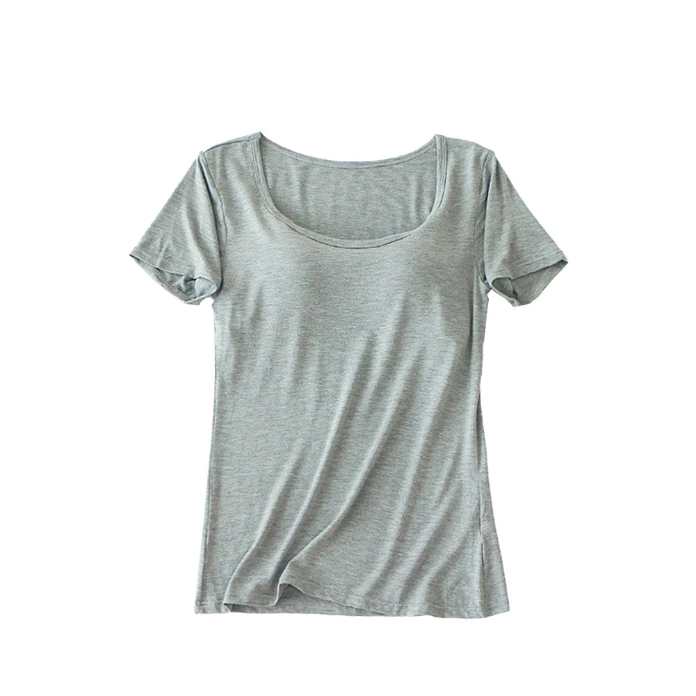 Casual Top Women With Built In Bra T-shirt Ladies Push Up Padded